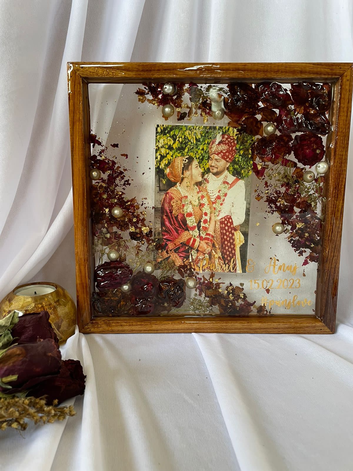 Everlasting Harmony Preserved Wedding Flowers and Couples Picture in a Wooden Frame