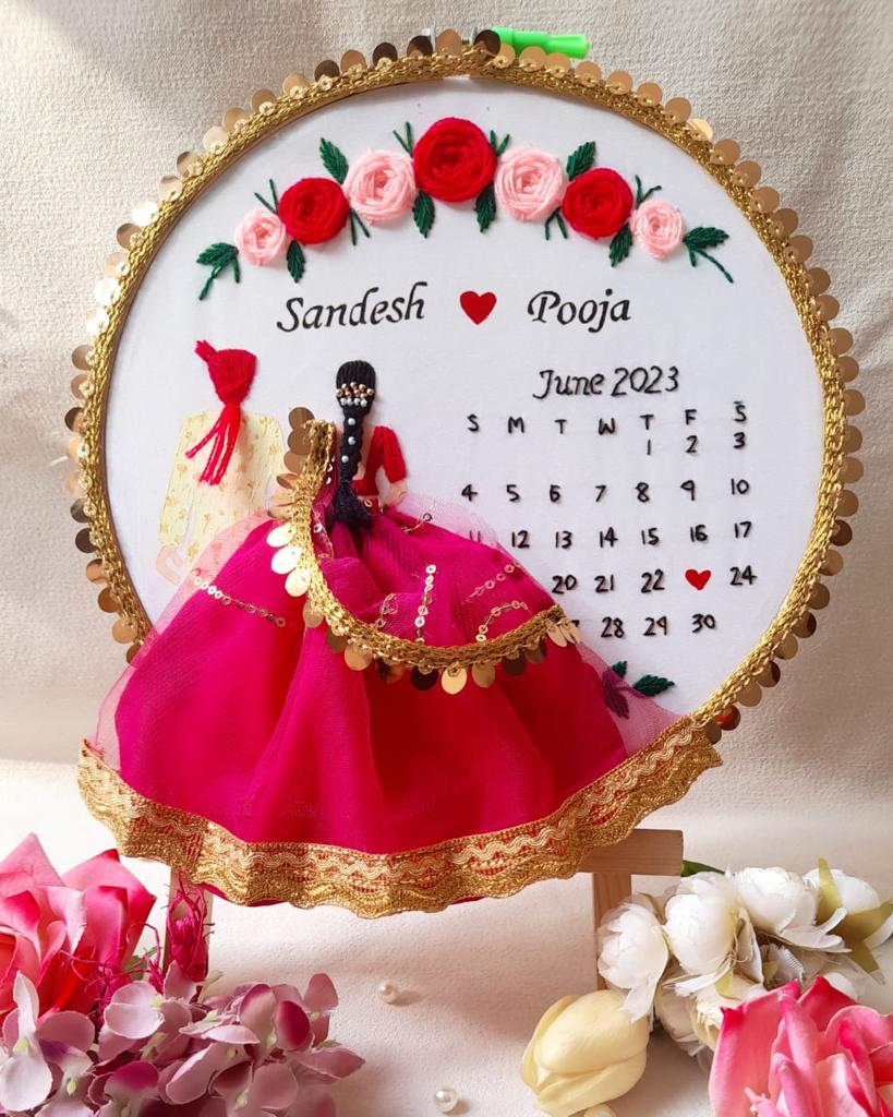 Love and Time: Artistic Couple Wedding Hoop Art with Stitched Flowers and Calendar