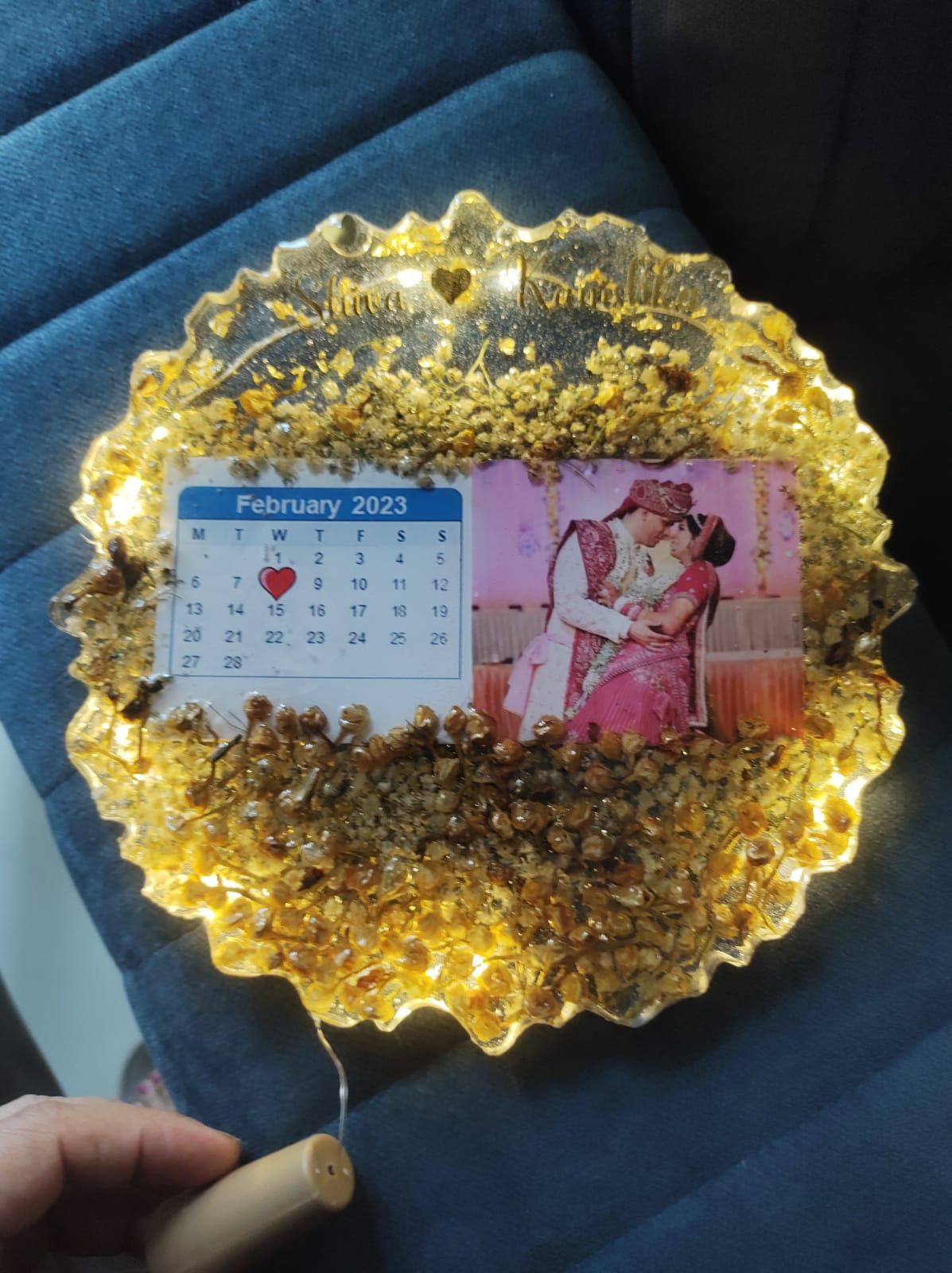 Cosmic Love Resin Varmala Circle Frame with Wedding Date Calendar and Illumination