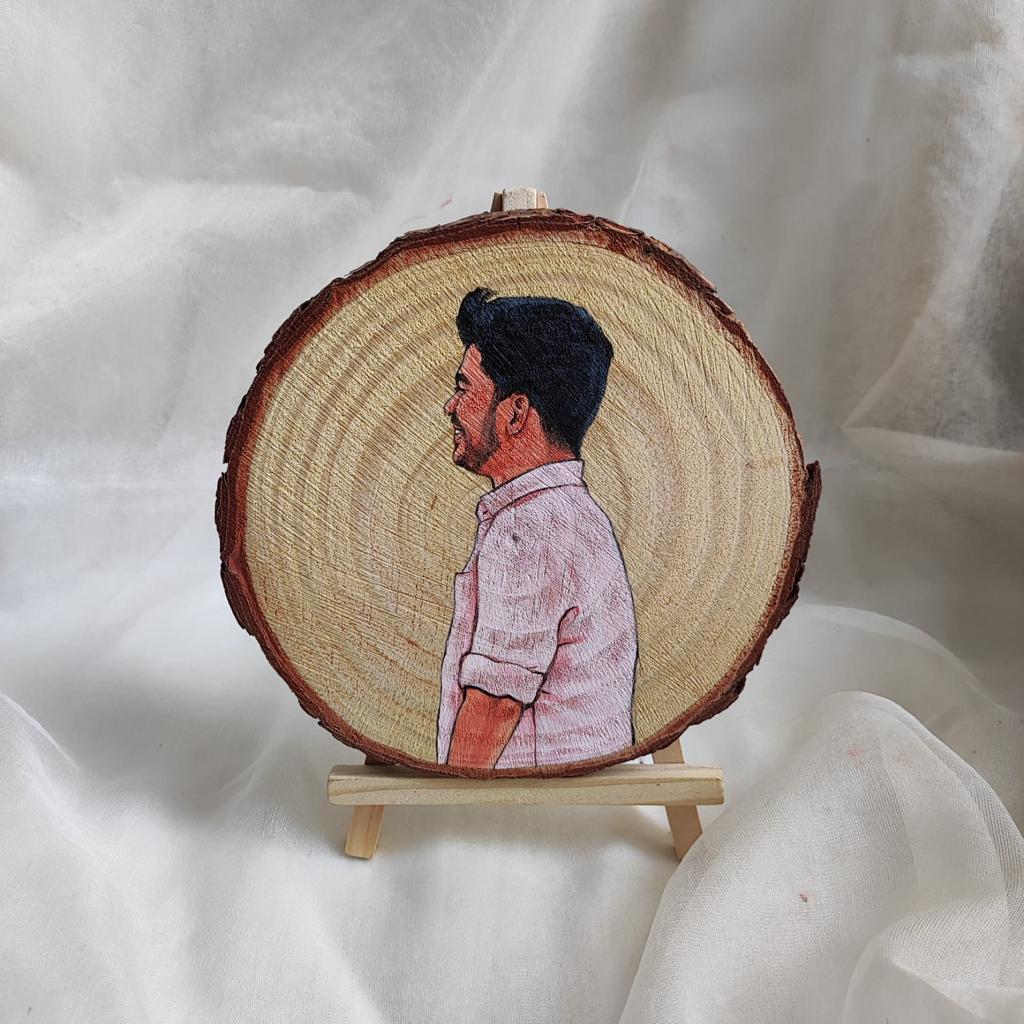 Whisper of the Woods: 6 Inches Hand-Painted Wooden Slice Portrait of 1 Person