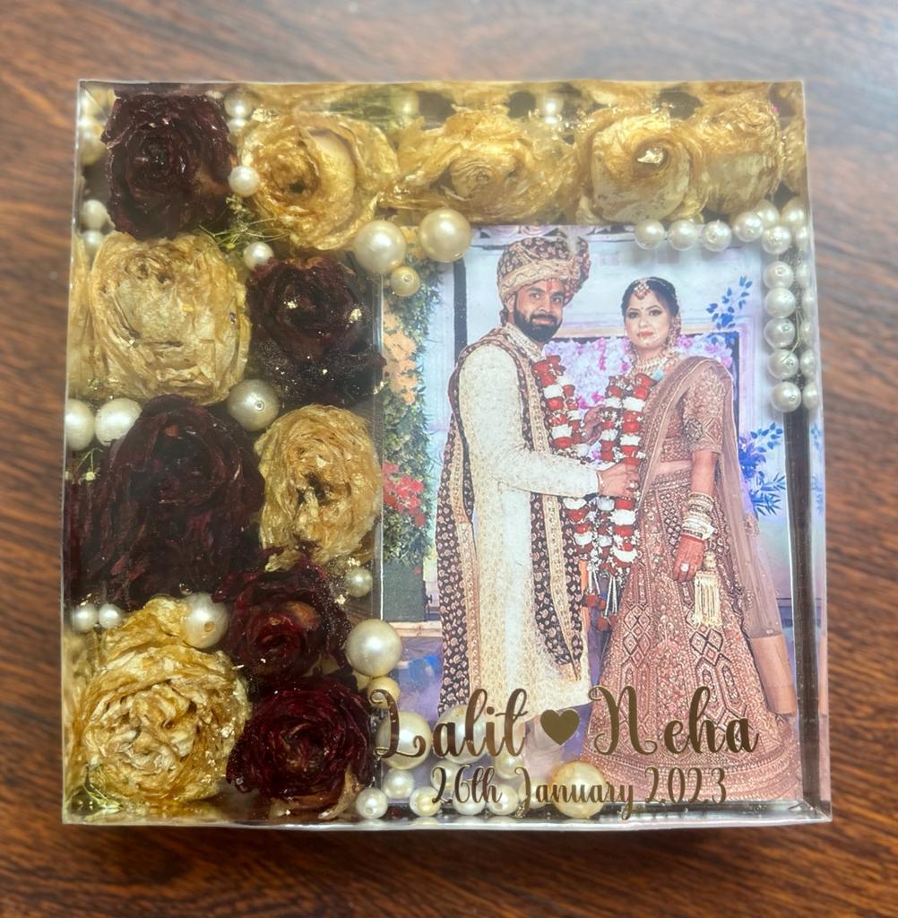 Luminous Vows: LED Wooden Stand Featuring Resin Varmala Preservation Photo Frame