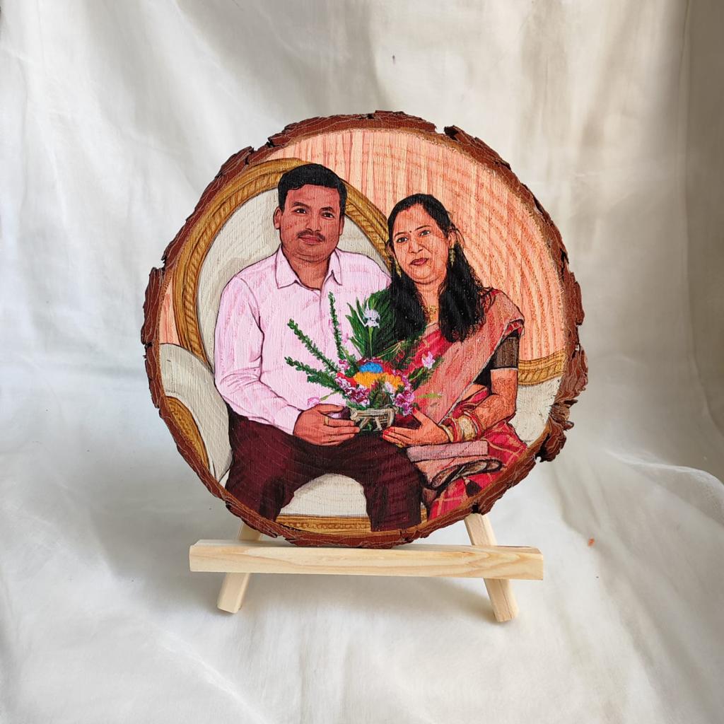 Shared Memories: 6-Inch Wooden Slice with Artistic Portraits and Background