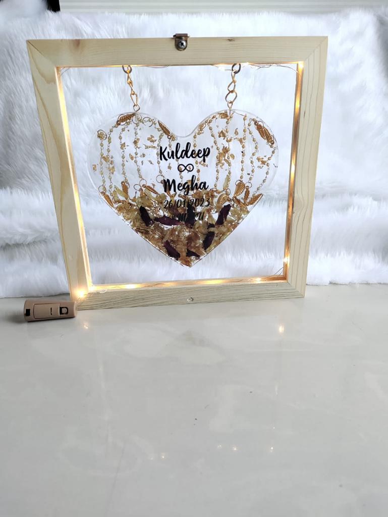 Kalira Treasures: Resin Hanging Heart Frame with Preserved Bridal Kaliras and Custom Couple's Name