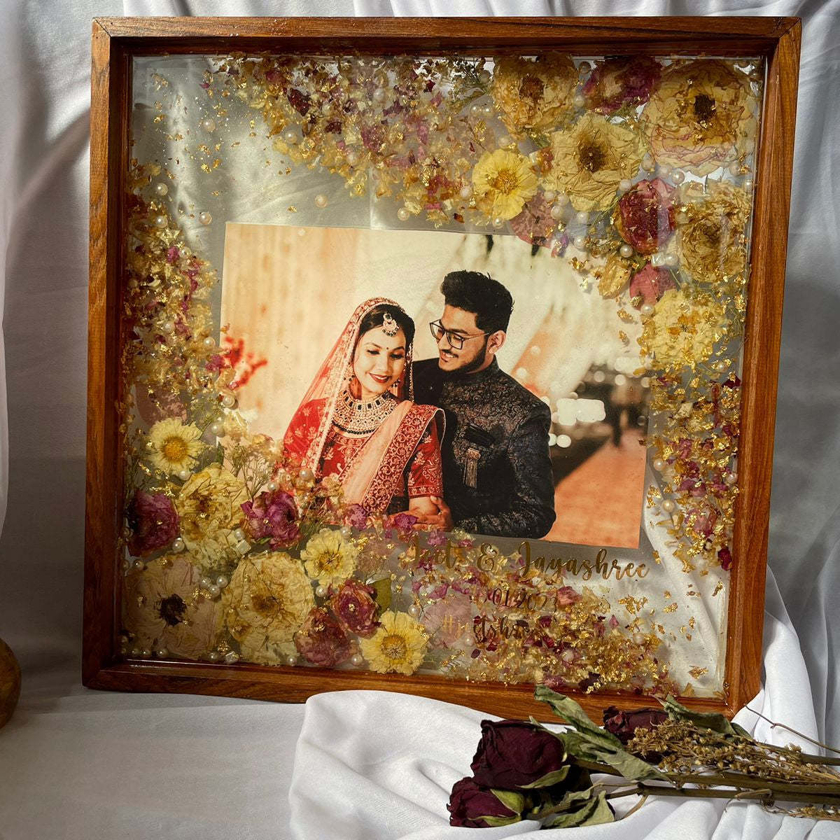 Petal Passion: Varmala Flowers Preserved in Pinewood Frame, Celebrating Love