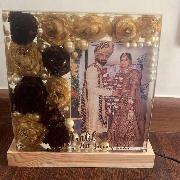 Luminous Vows: LED Wooden Stand Featuring Resin Varmala Preservation Photo Frame