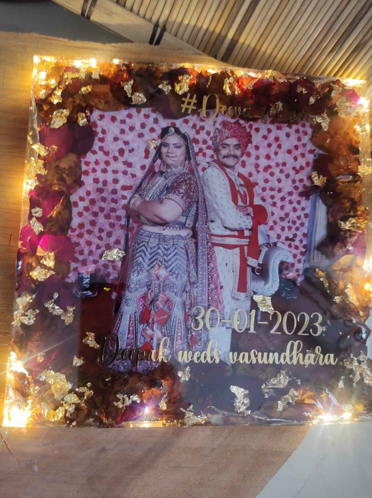 Glowing Romance Personalized Resin Wedding Flower Keepsake with Couples Picture