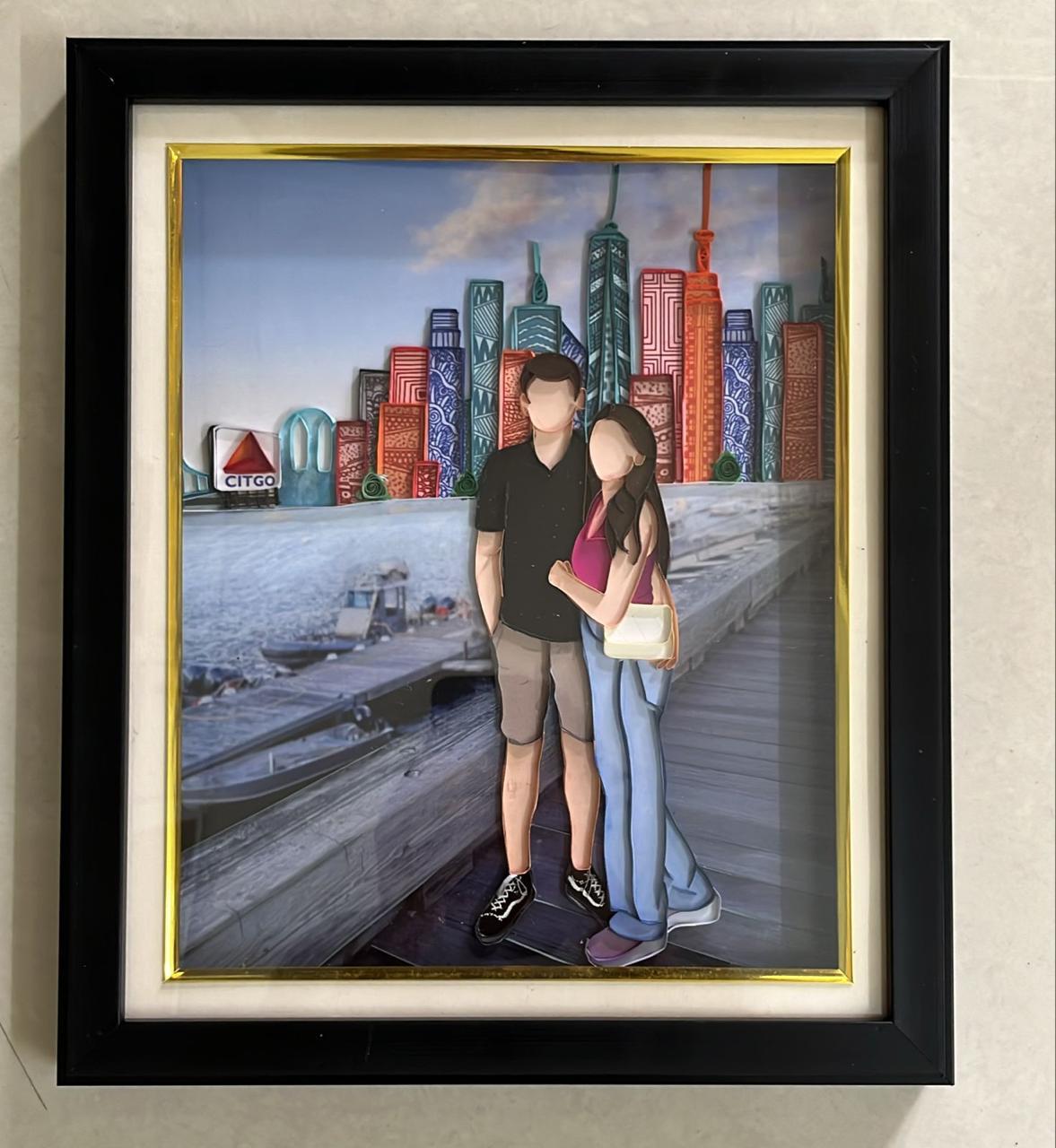 Couple Paper Cut Cityscape Frame