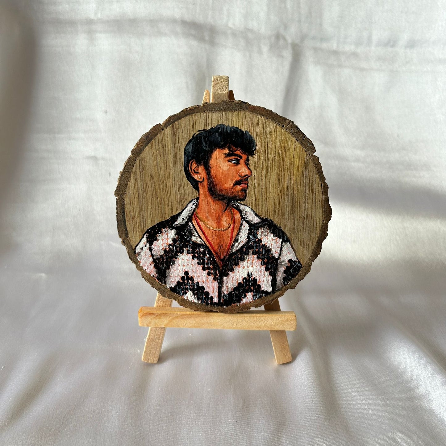 Hand-Painted Portrait on Wood Slice with Easel