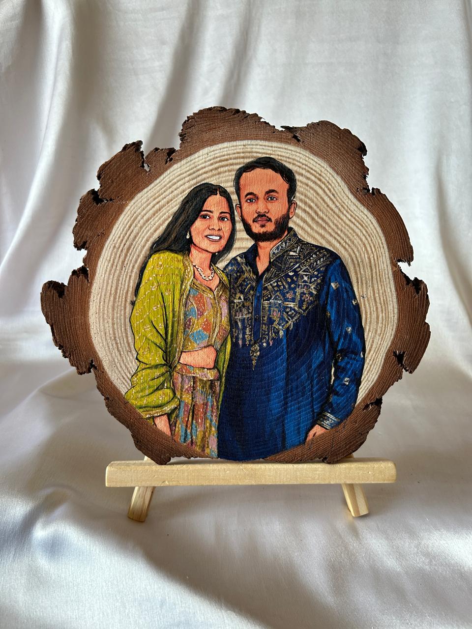 Hand-Painted Portrait on Wood Slice with Easel
