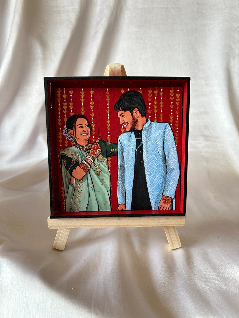 Hand-Painted Portrait on puzzle Framed Canvas with Easel