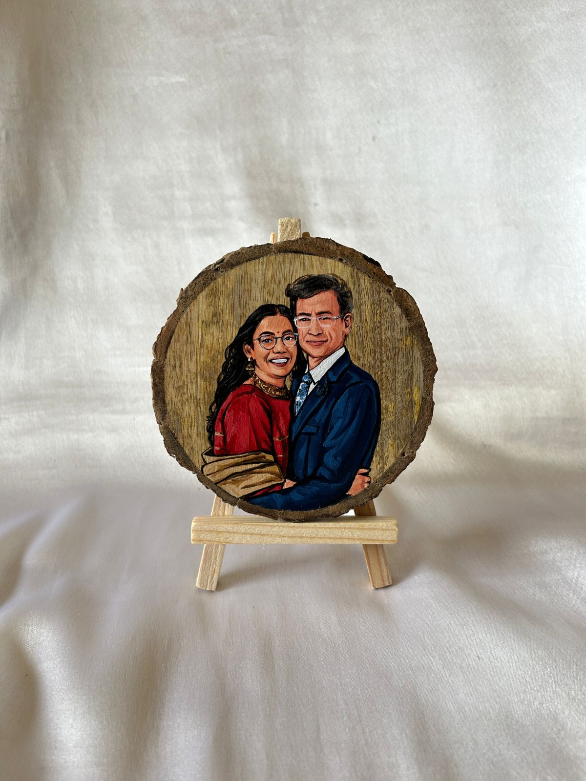 Hand-Painted Portrait on Wood Slice with Easel"