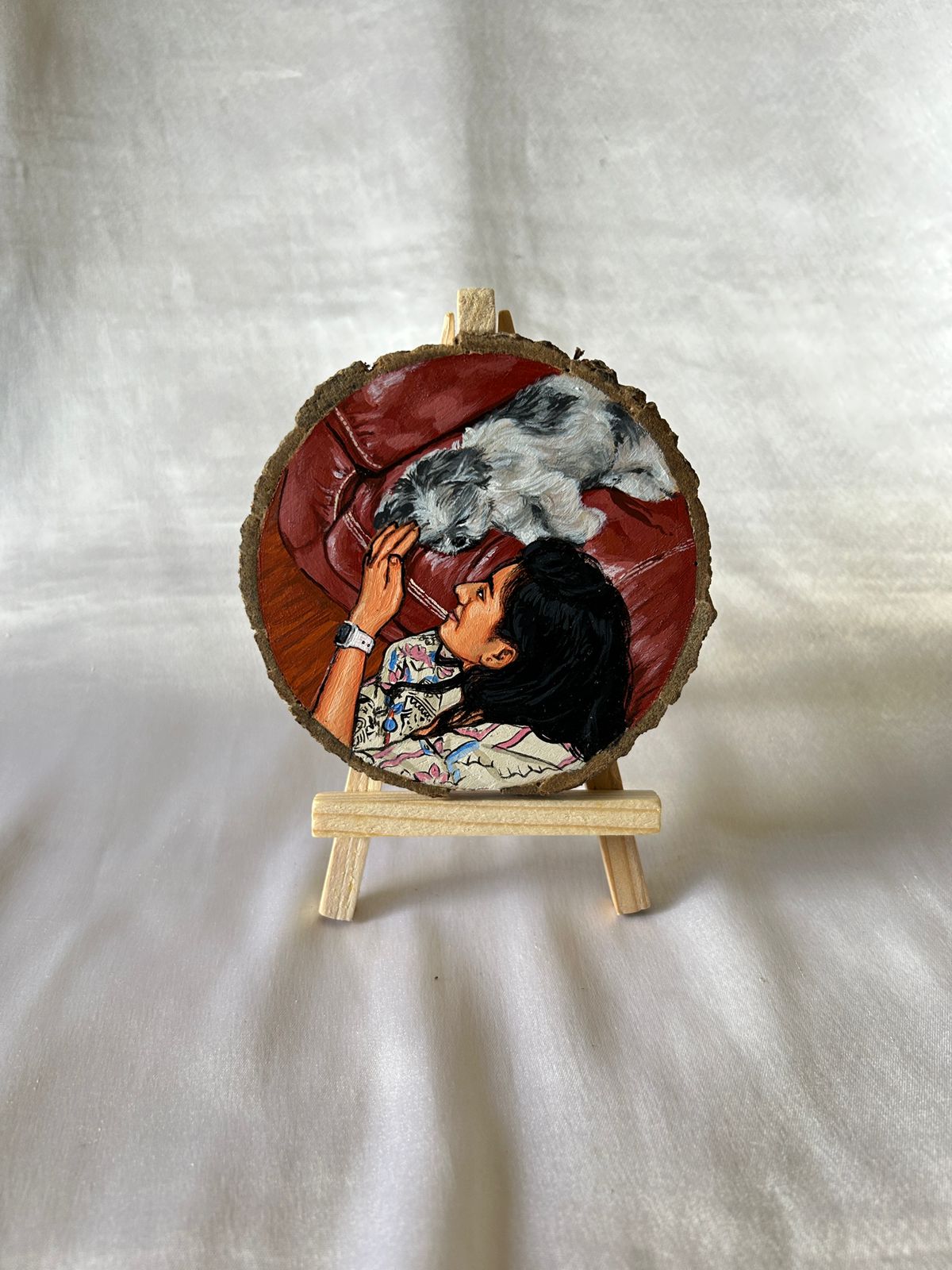 Hand-Painted Portrait on Wood Slice with Easel
