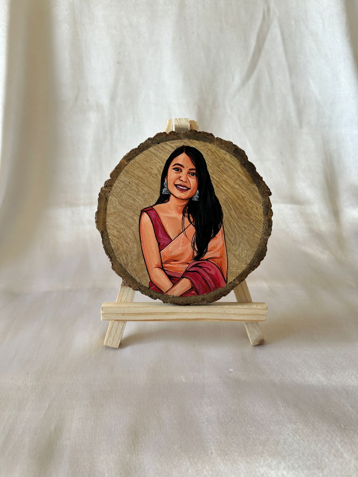 Hand-Painted Portrait on Wood Slice with Easel