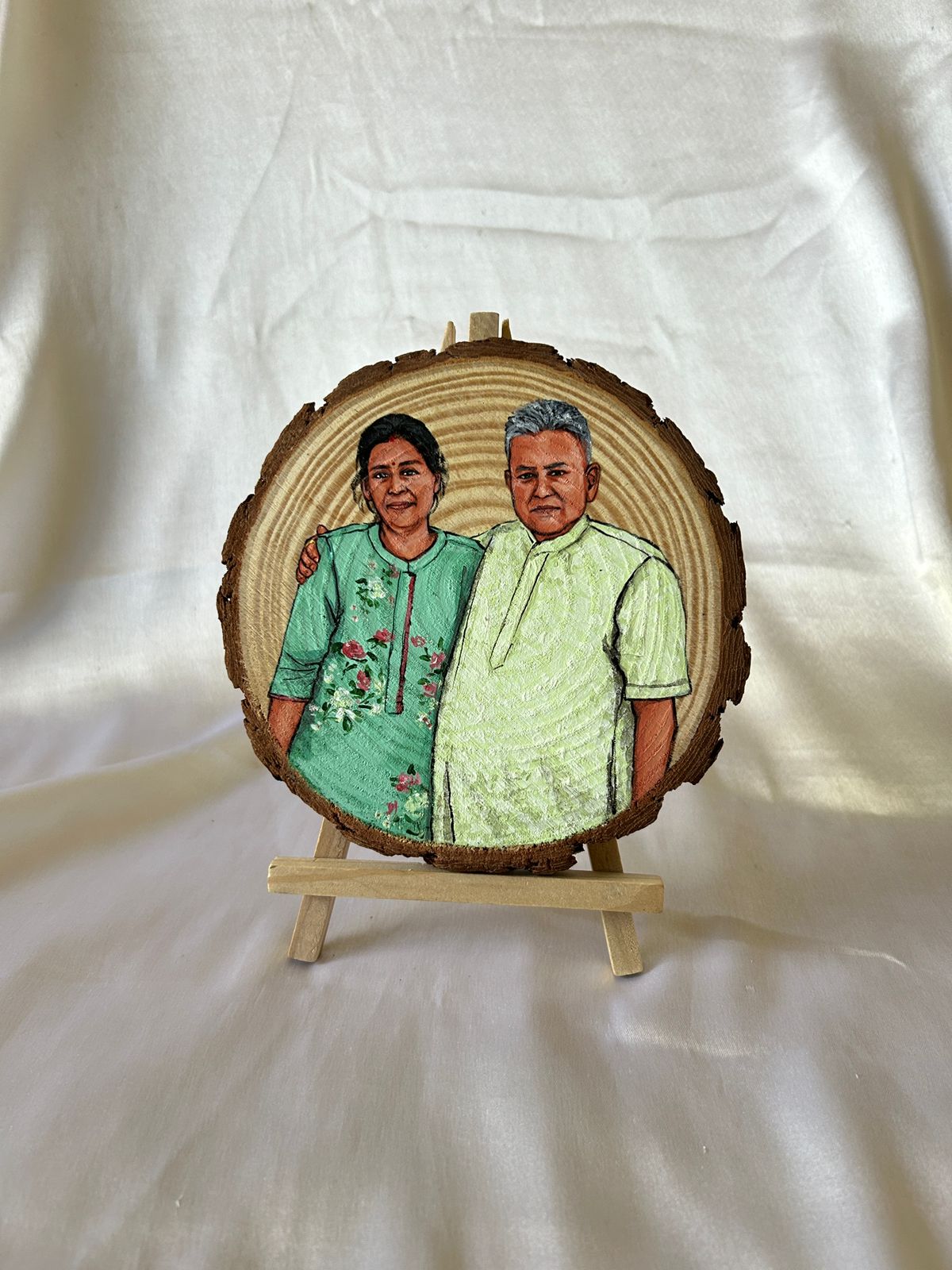 Hand-Painted Portrait on Wood Slice with Easel