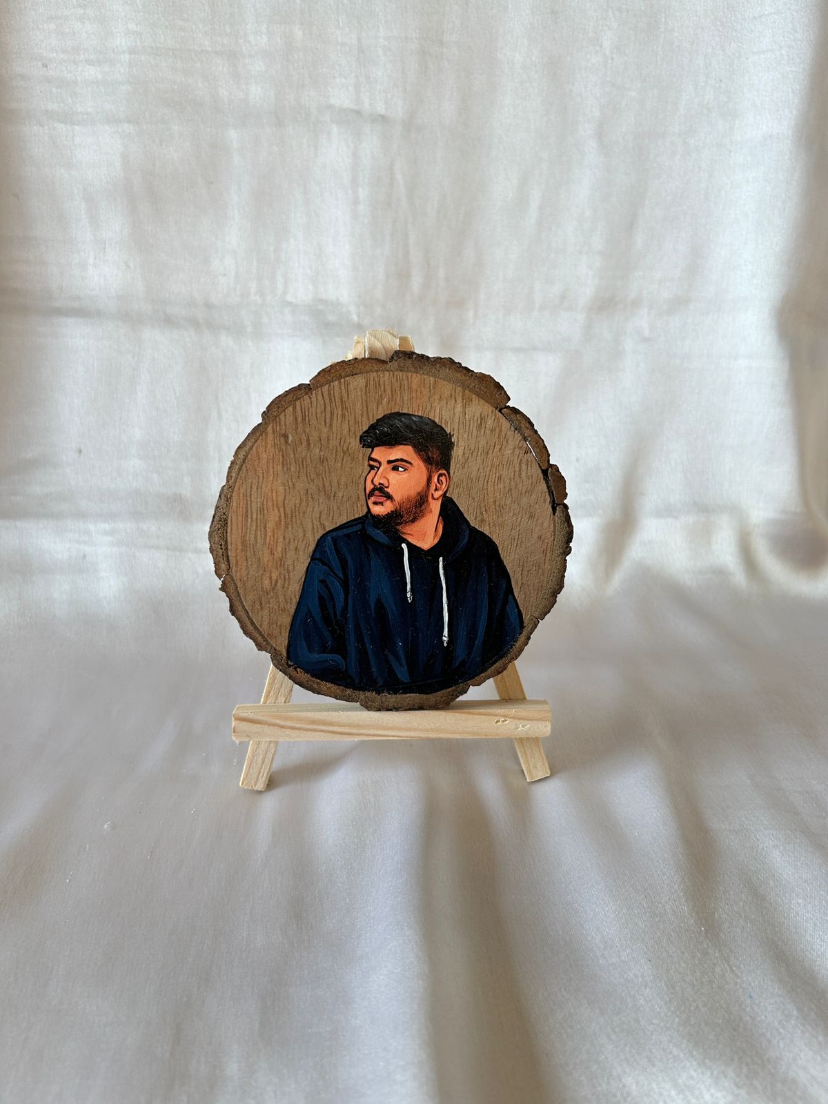 Hand-Painted Portrait on Wood Slice with Easel