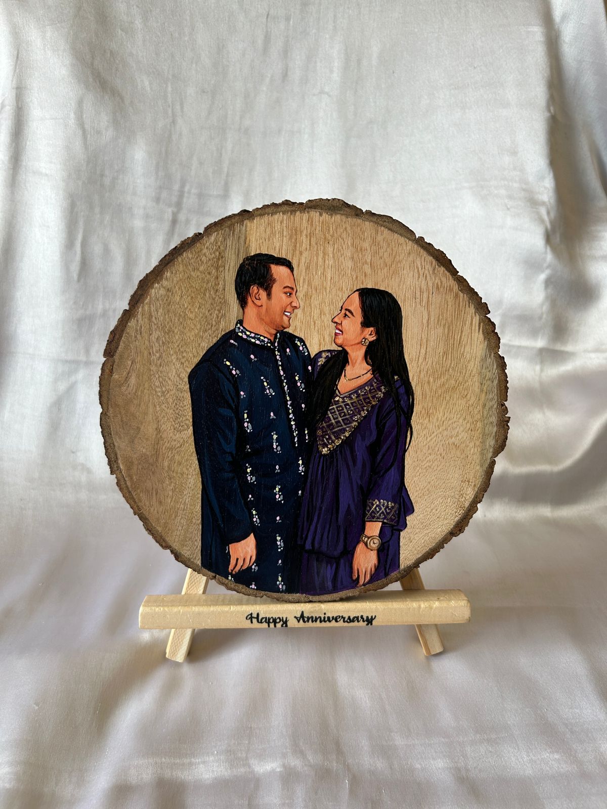 Hand-Painted Portrait on Wood Slice with Easel & Anniversary Message