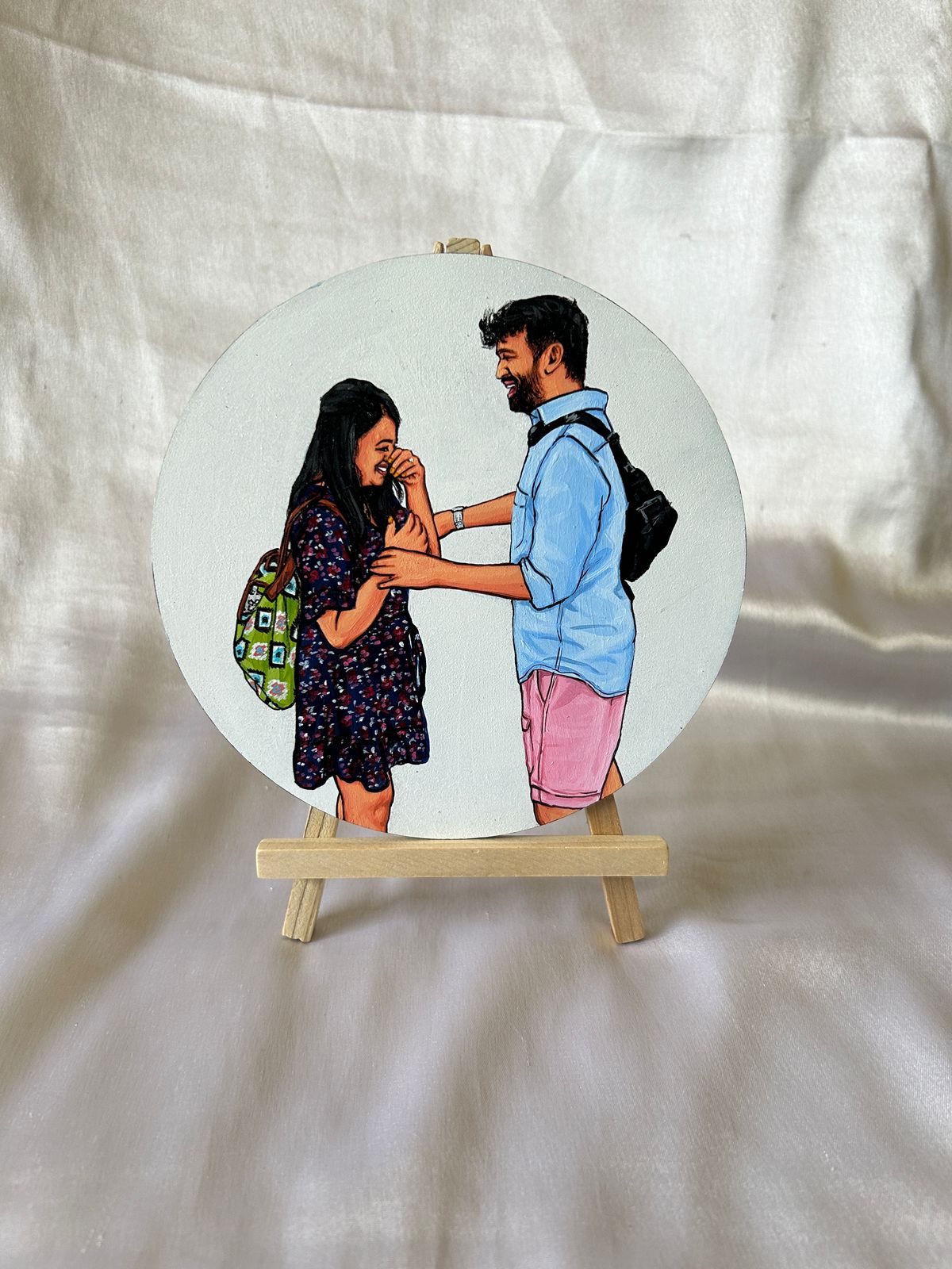Hand-Painted Portrait on Round Canvas with Easel