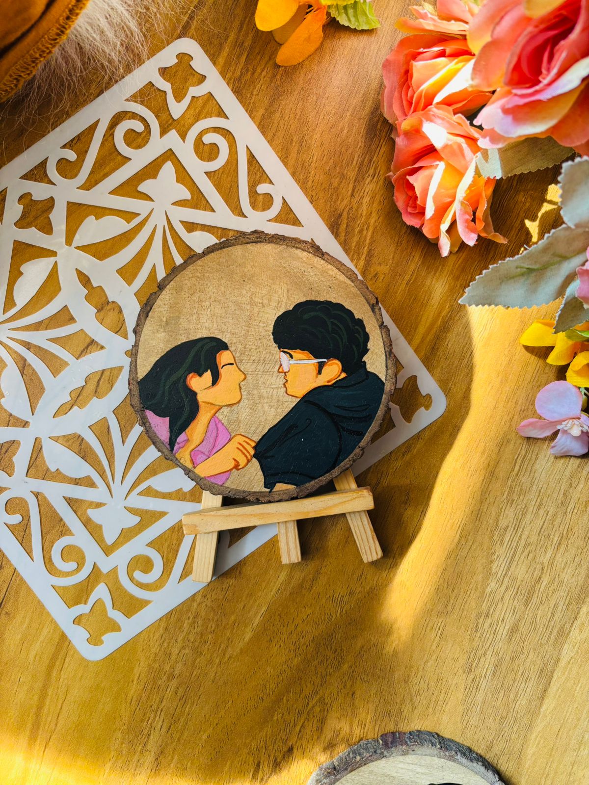 Hand-Painted Portrait on Wood Slice with Easel
