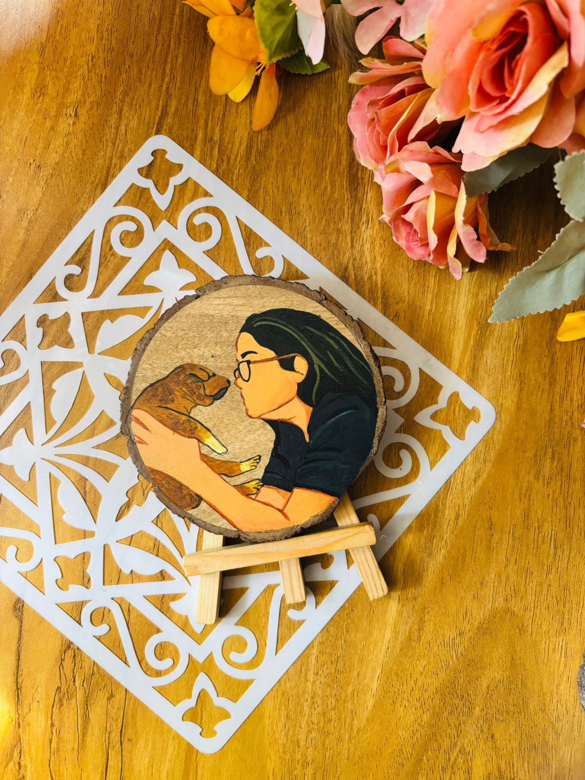 Hand-Painted Portrait on Wood Slice with Easel"