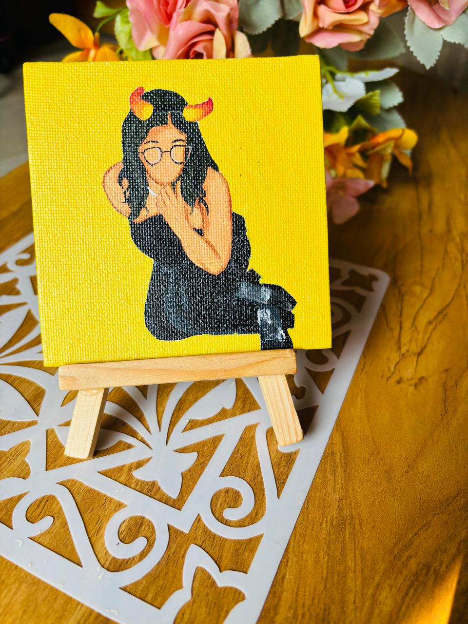 Hand-Painted Portrait on Framed Canvas with Easel