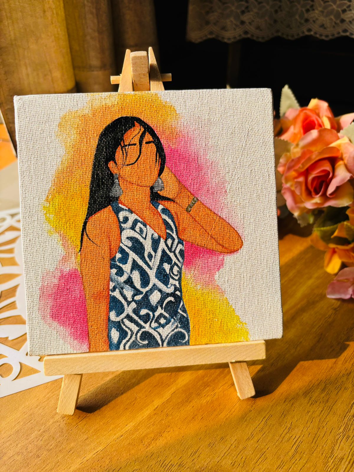 Hand-Painted Portrait on Framed Canvas with Easel