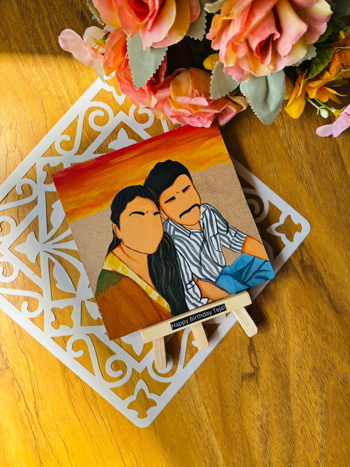 Hand-Painted Portrait on Square Canvas with Easel & Birthday Message