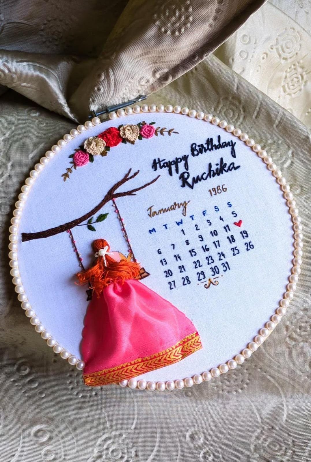 Handmade Embroidered Hoop Art with Birthday Calendar & Doll
