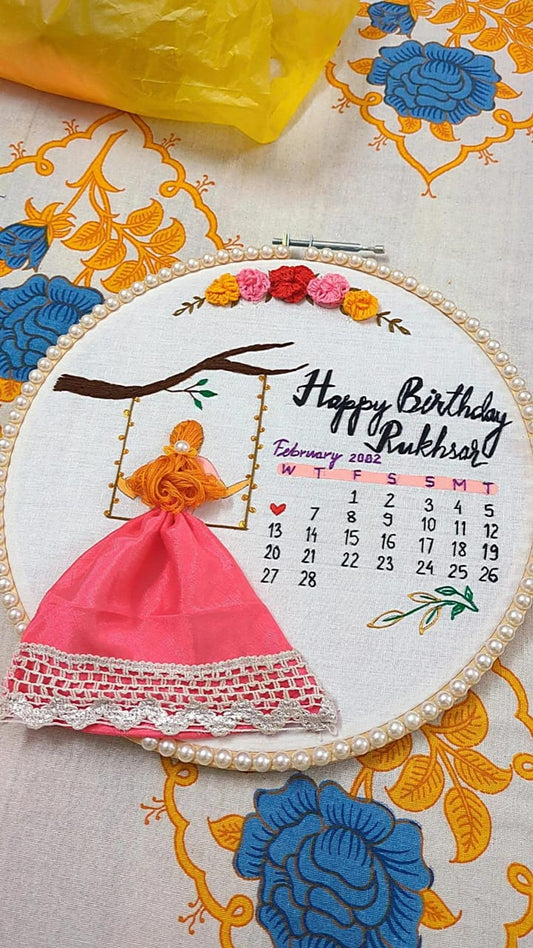 Handmade Embroidered Hoop Art with Birthday Calendar & Doll