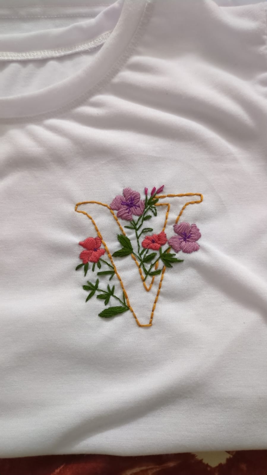 Handmade Embroidered T-Shirt with Floral Letter
