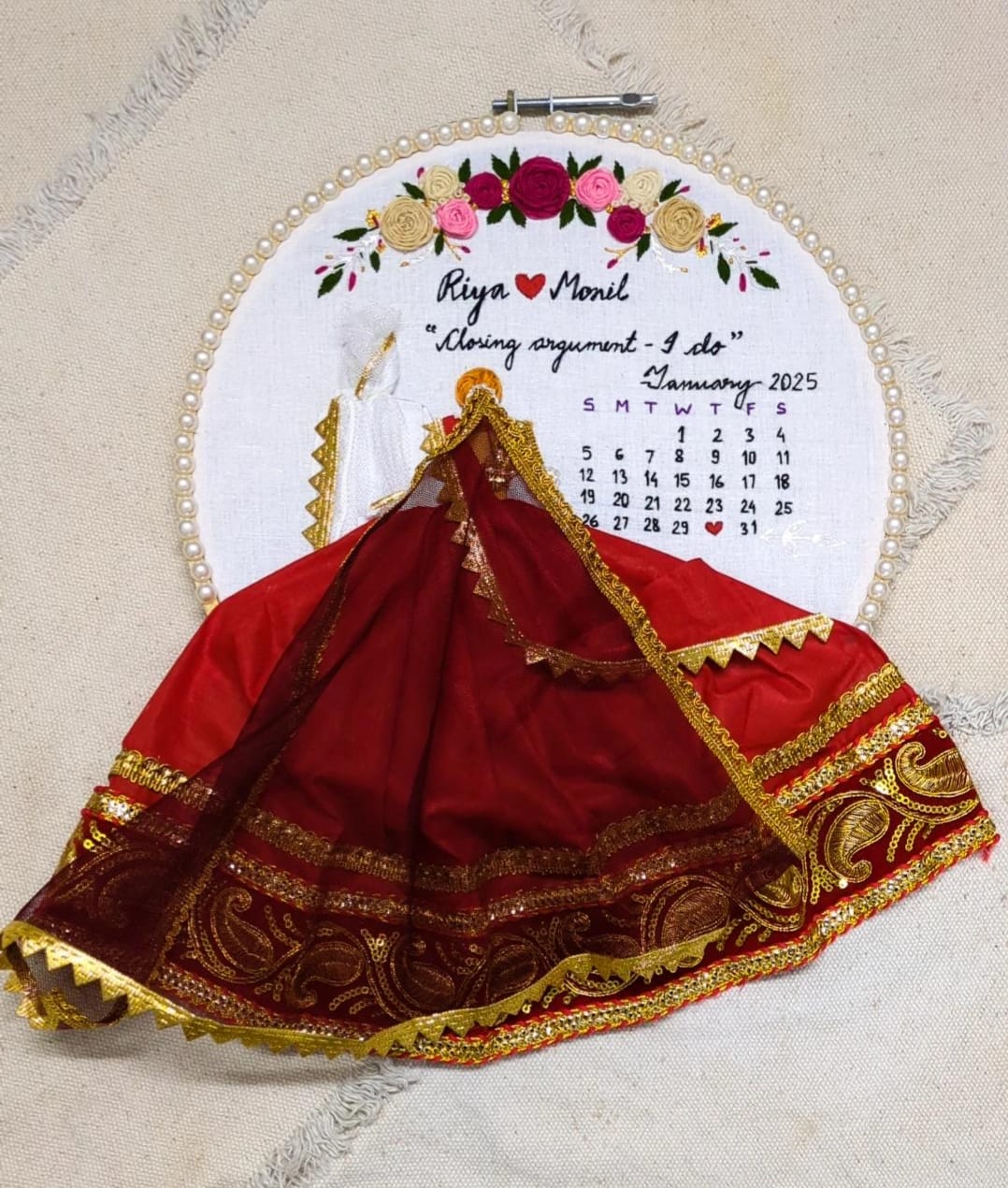 Handmade Embroidered Hoop Art with Wedding Calendar & Fabric Couple