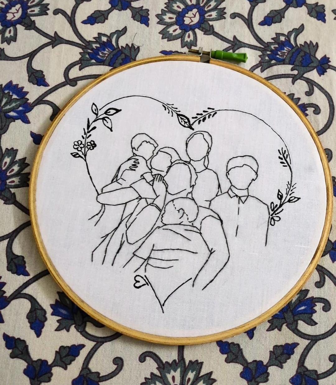 Handmade Embroidered Hoop Art - Line Art Group Portrait