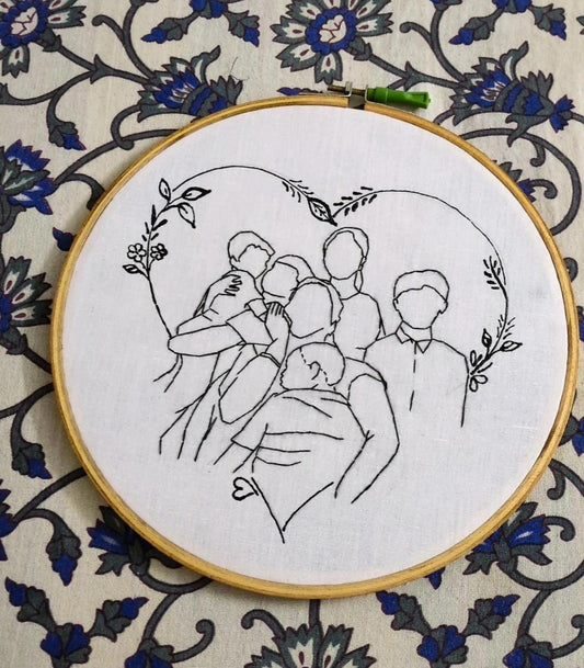 Handmade Embroidered Hoop Art - Line Art Group Portrait