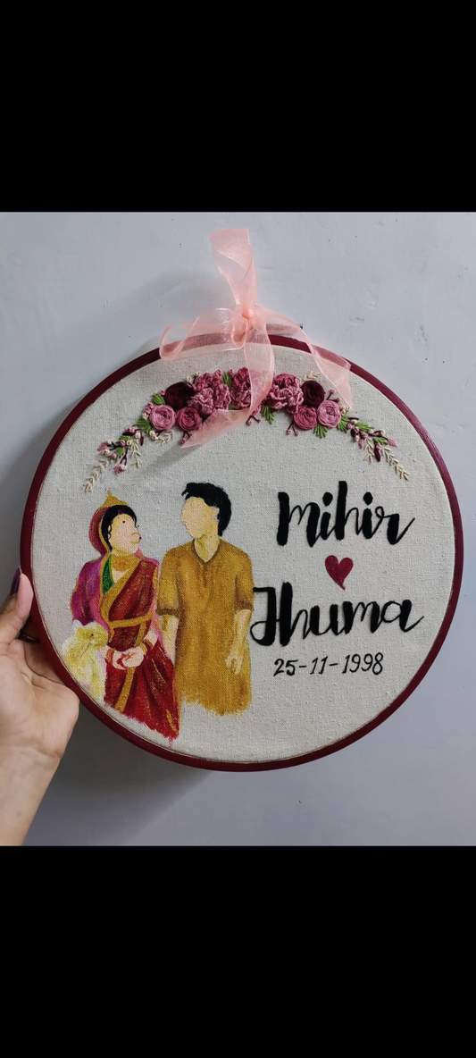 Personalized Embroidered Couple Portrait Hoop with Names and Date