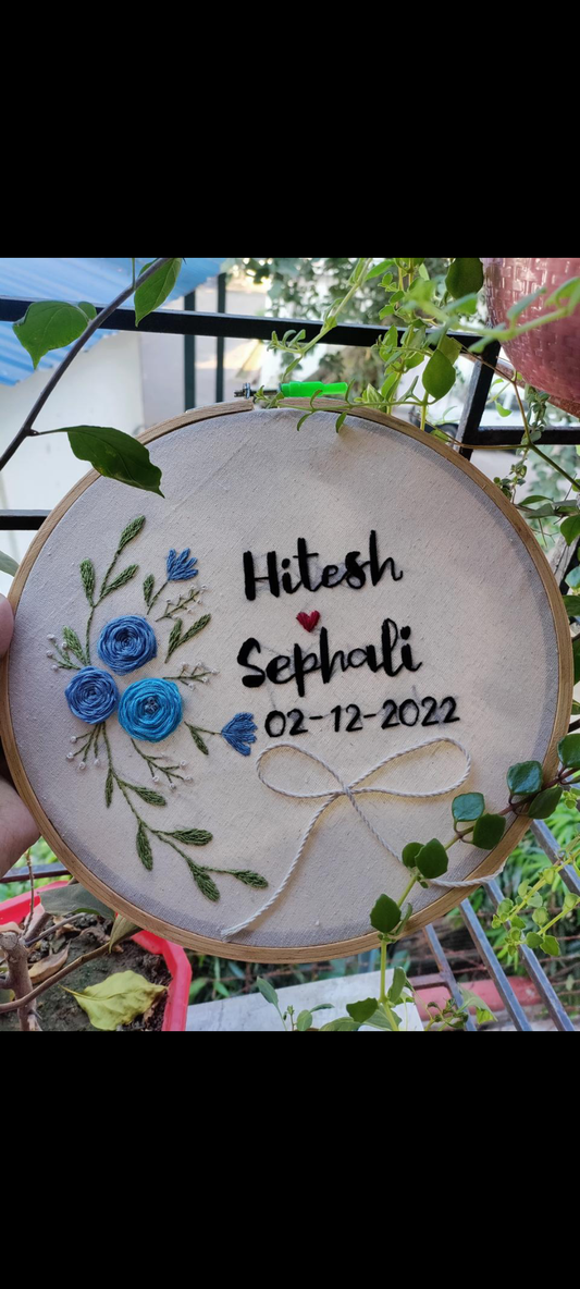 Personalized Embroidered Names and Date Hoop with Floral Design