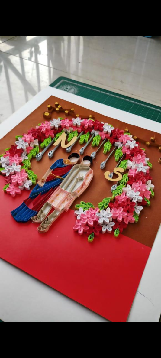 Quilled Couple Portrait with Floral Wreath and Initials