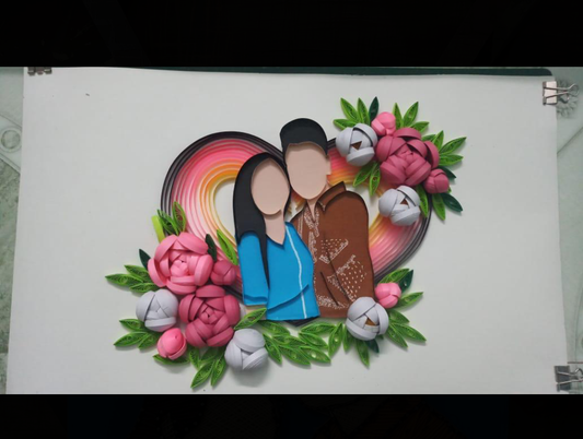 Quilled Couple Portrait with Floral Accents and Heart