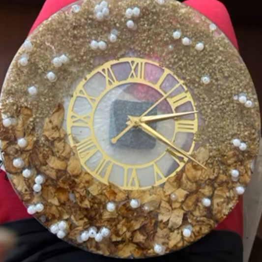 Decorative Resin Clock with Floral and Pearl Accents