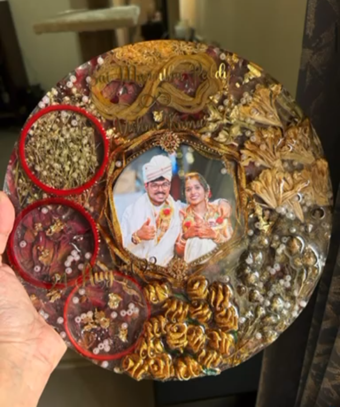 Ornate Resin Wedding Photo Plaque with Rings and Floral Details