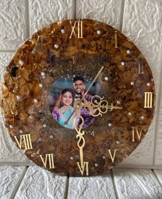 Personalized Resin Photo Clock with Roman Numerals and Floral Accents