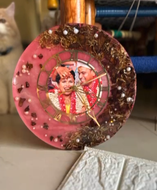 Resin Photo Clock with Wedding Image and Floral Accents