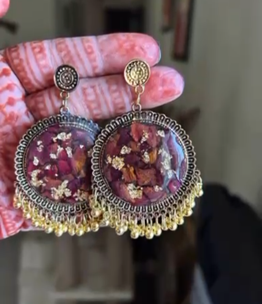 Resin Jhumka Earrings with Rose Petals and Gold Flakes