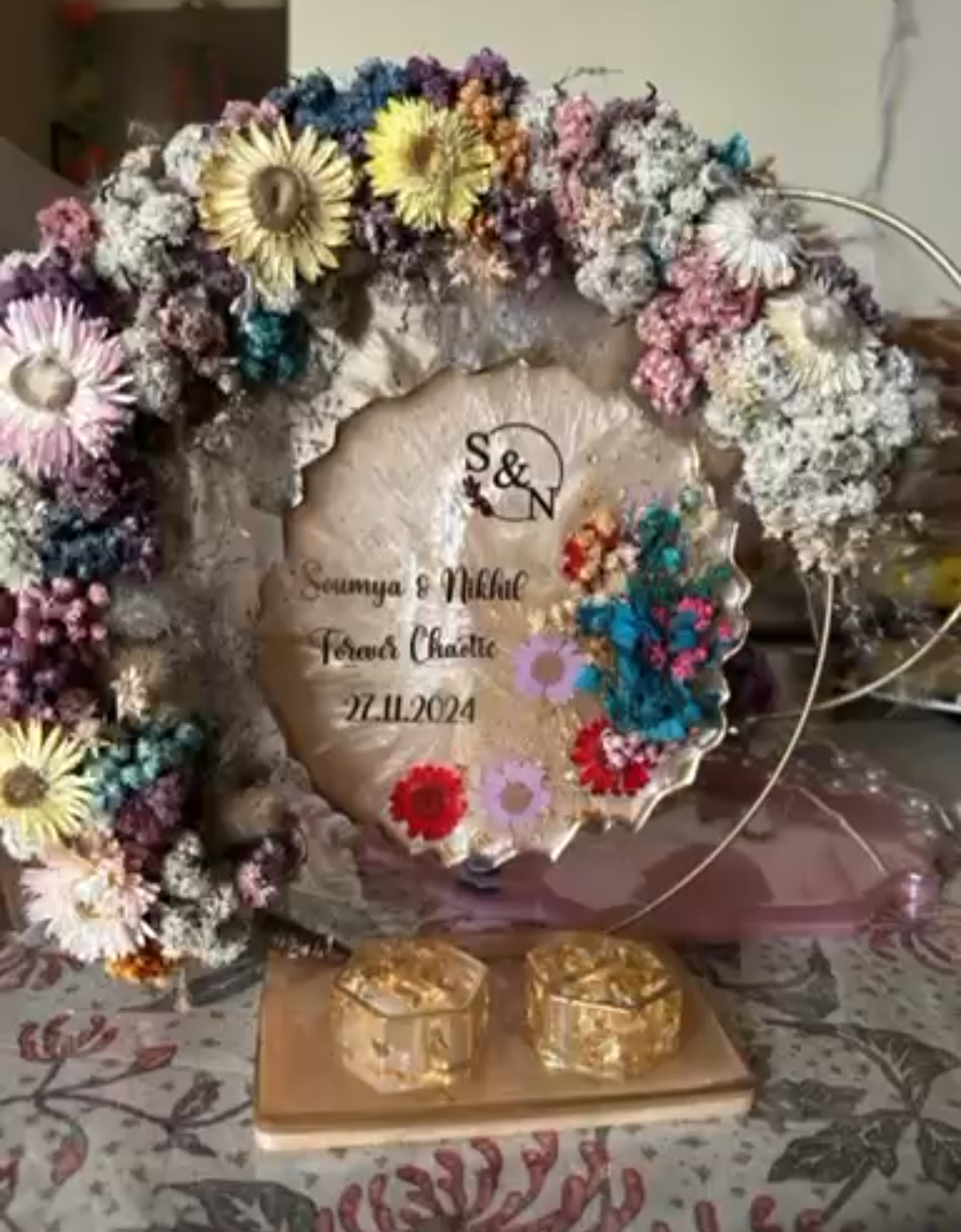 Resin Engagement Platter with Names, Date, and Floral Embellishments