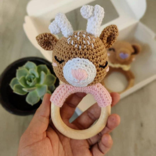 Sleepy Deer Wooden Crochet Teething Ring Rattle