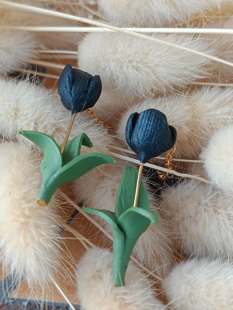 Black Tulip Clay Earrings with chain