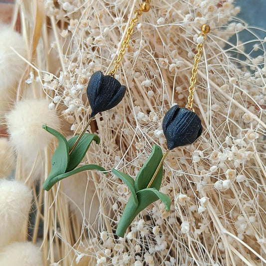 Black Tulip Clay Earrings with chain