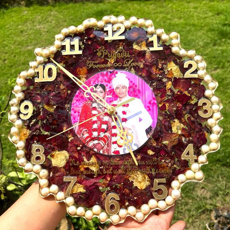 Roses Forever: Resin Roses Preserved Wall Clock with Couples' Photo