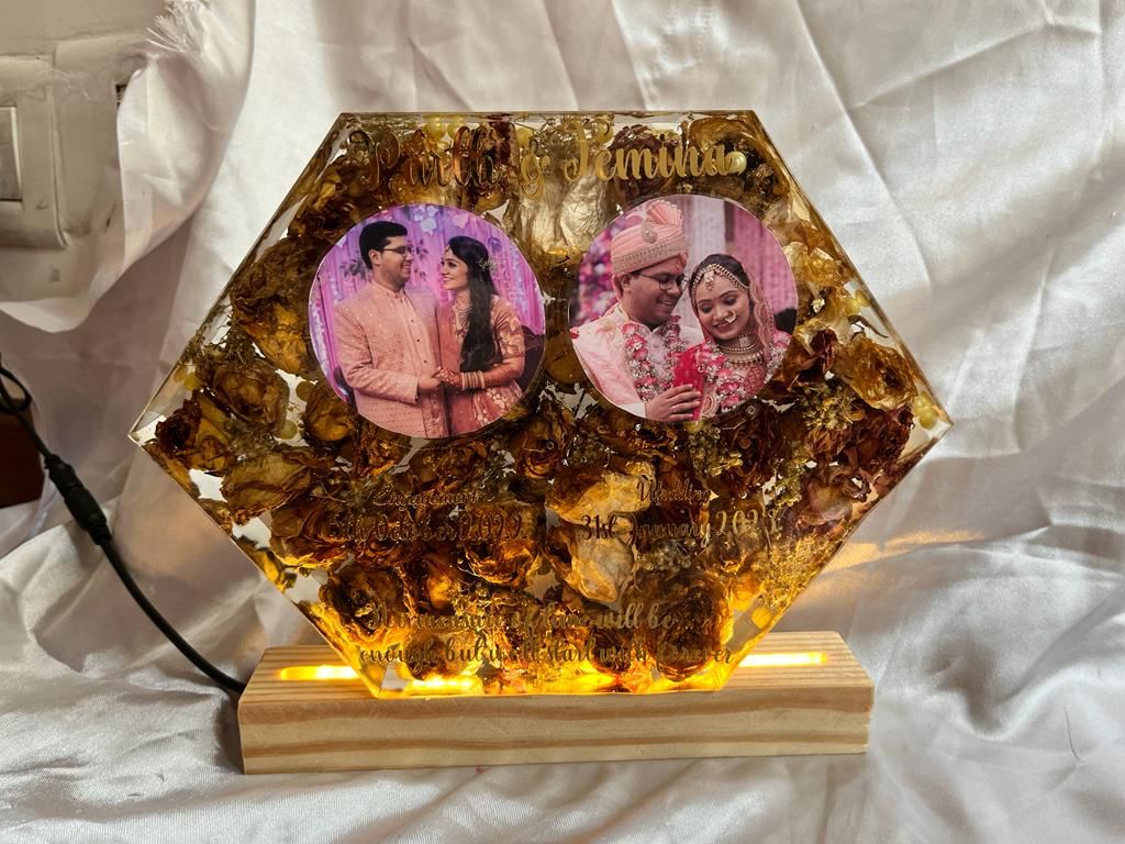 HexaGlow: Resin Hexagon Block Varmala Fusion with LED Wooden Stand