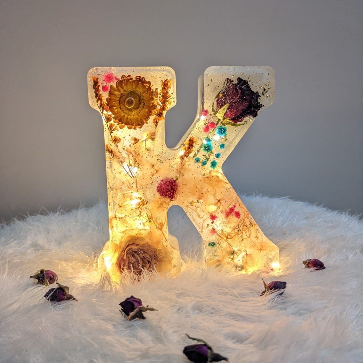 Radiant Monogram: Large Resin Letter "K" Illuminated with Preserved Flowers