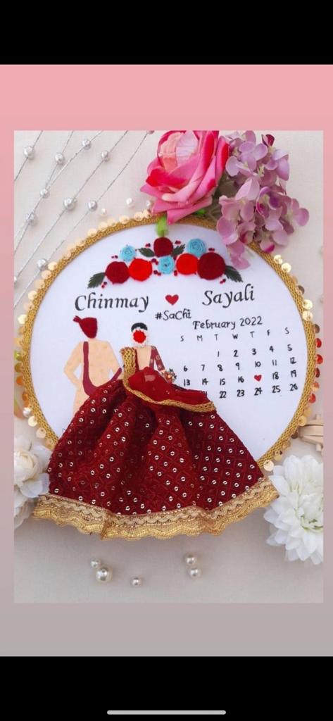 Love and Time: Artistic Couple Wedding Hoop Art with Stitched Flowers and Calendar