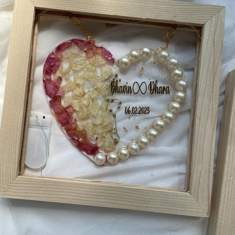 Pearl Blossom Delight: LED Hanging Heart with Resin Flowers and Pearls in a Whimsical Wooden Frame